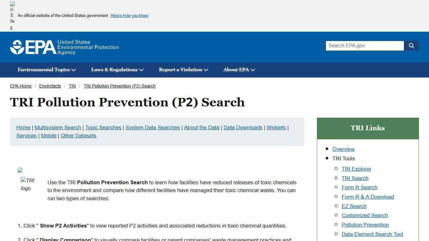 TRI Pollution Prevention (P2) Search Envirofacts US EPA